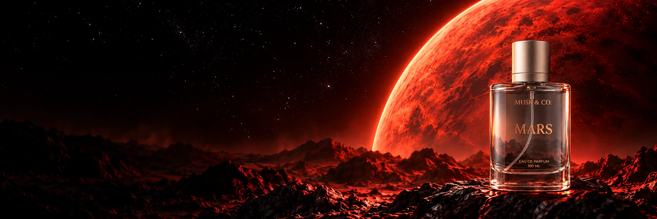 MARS fragrance campaign with a red planetary landscape