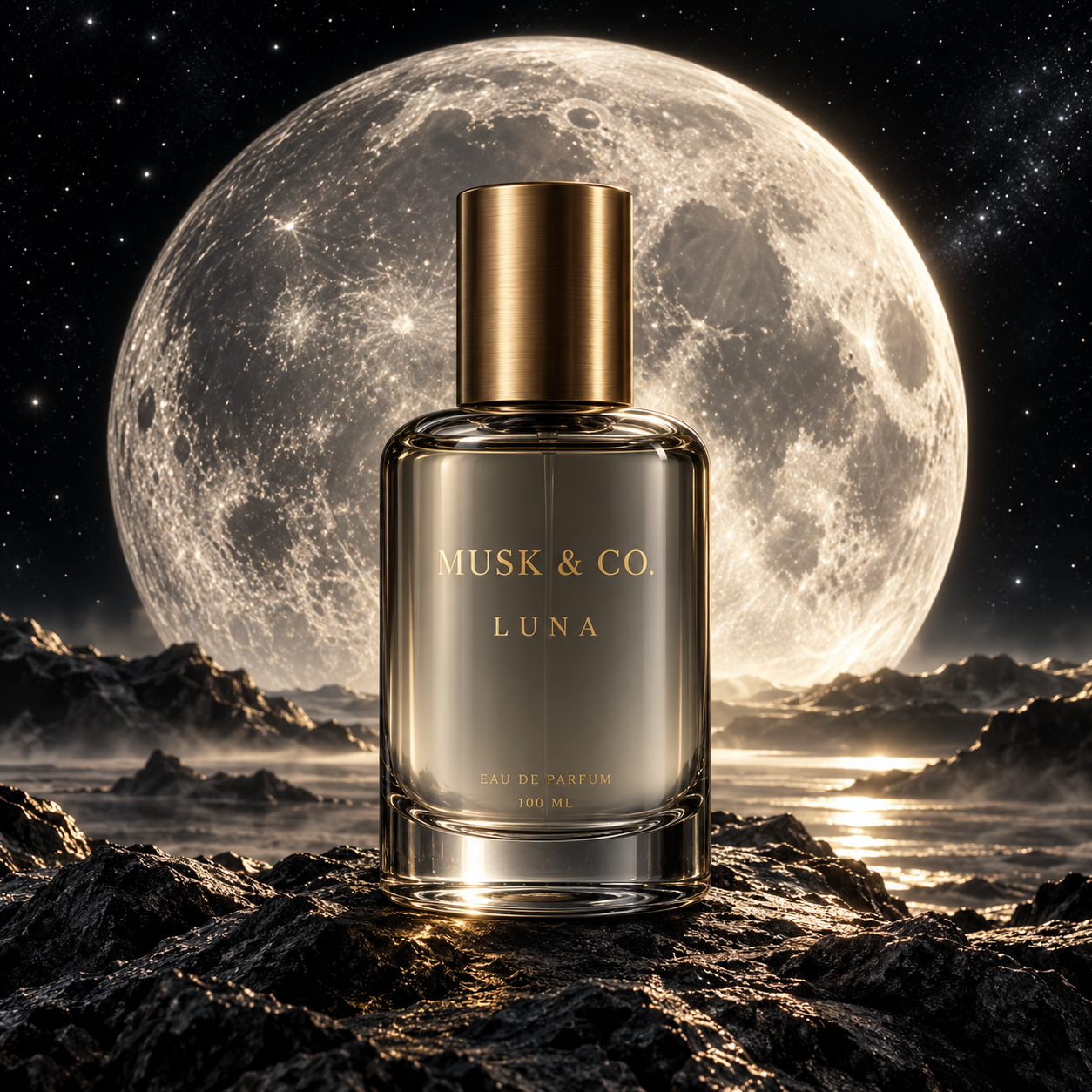 LUNA fragrance with a silver moon above a lunar landscape