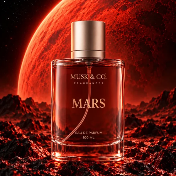 MARS perfume in smoky clear glass with a champagne bronze cap on the red planetary landscape