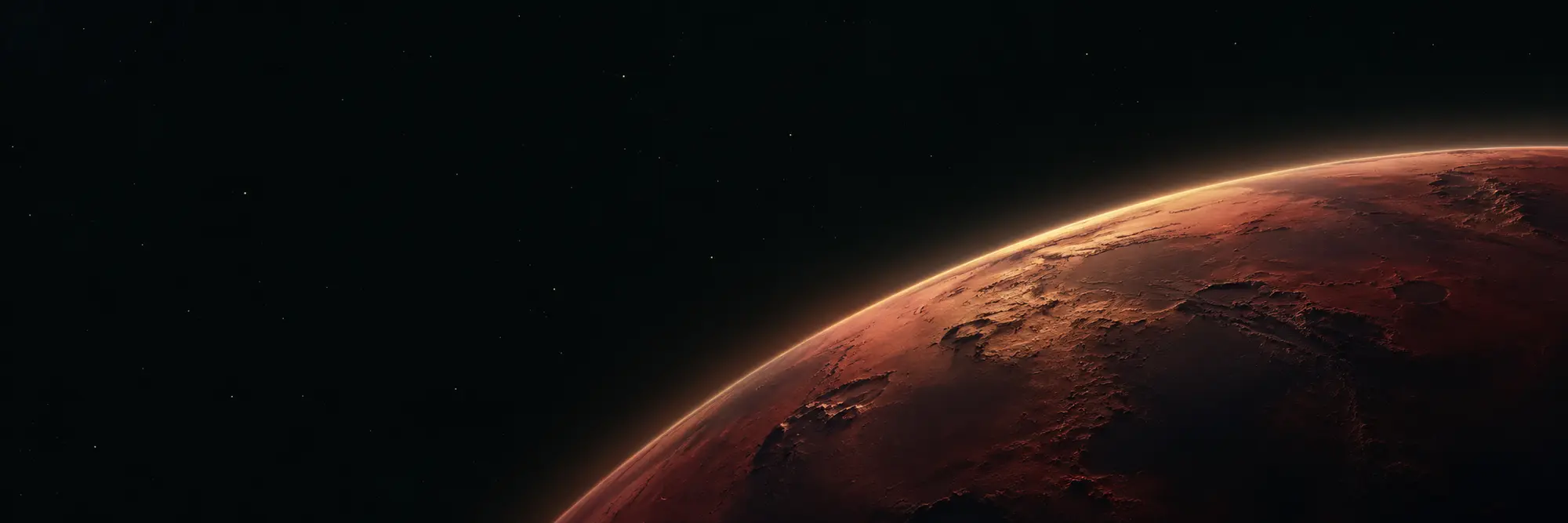 A copper-lit planetary horizon against a dark, star-filled sky