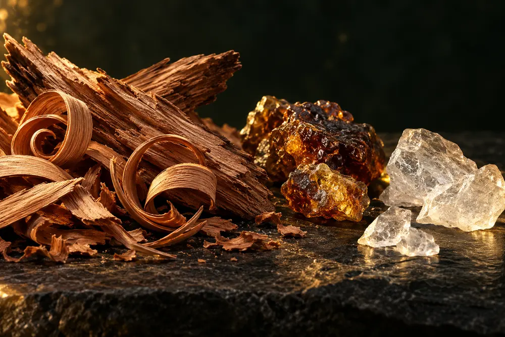 Cedarwood and labdanum resin with pale crystals evoking Ambroxan