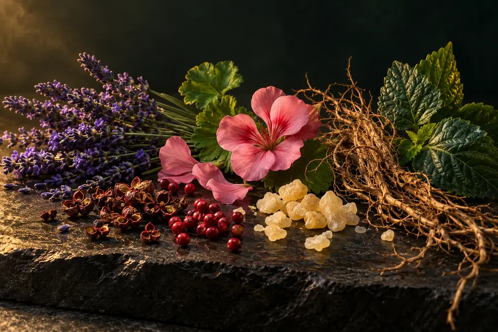 Aromatic heart-note composition with lavender, geranium, peppers, resin, roots and leaves