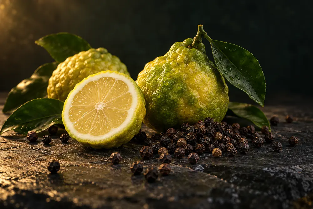 Calabrian bergamot and black pepper on dark stone
